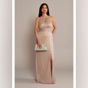 R & M Richards Metallic Knit Keyhole Halter Gown Gold Size 10